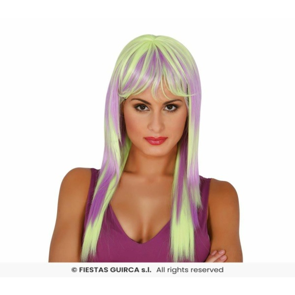 Parrucca Bicolore Neon Glam – Giallo Lime e Viola - Lunga