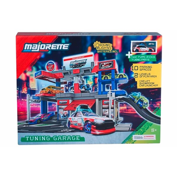Majorette - Tuning Garage con 1 auto, garage su due livelli, ascensore manuale,luci, suoni